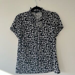 Adrienne Vittadini Black & White Floral Ruffle Mock Neck Blouse - Small